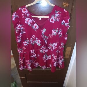 EUC Maurices Women's Burgundy Floral Mesh Ruched Sleeve Wrap Blouse 2X